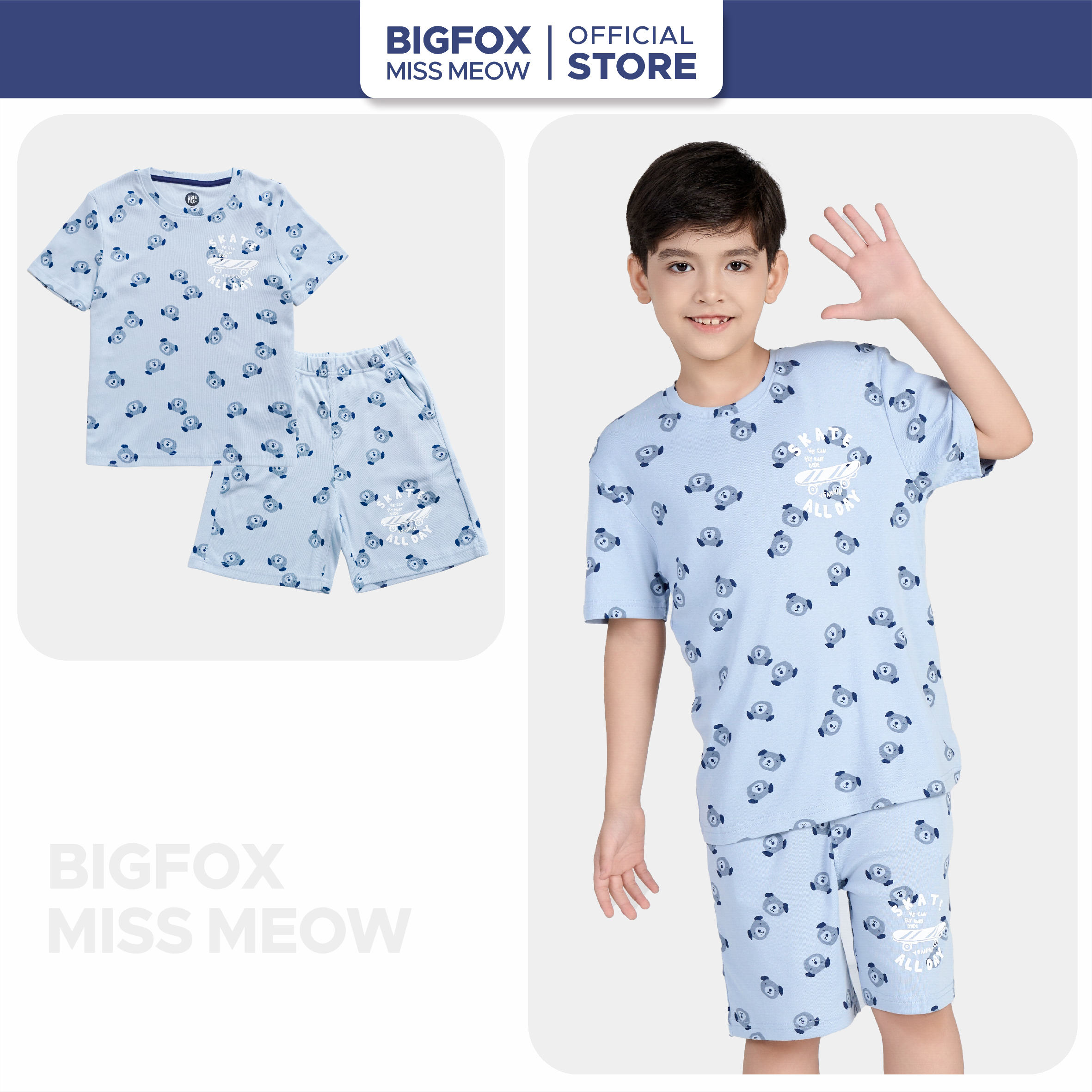 Bộ đồ cho bé trai cộc tay Bigfox Miss Meow mặc nhà mùa hè vải cotton size đại trẻ em 3-11 tuổi 35kg
