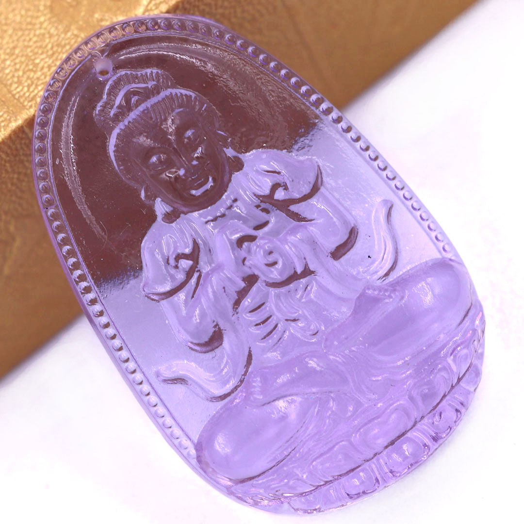 Mặt Phật Đại nhật như lai pha lê tím 1.9cm x 3cm  kèm móc dây chuyền inox vàng, Phật bản mệnh, mặt dây chuyền Phật giáo