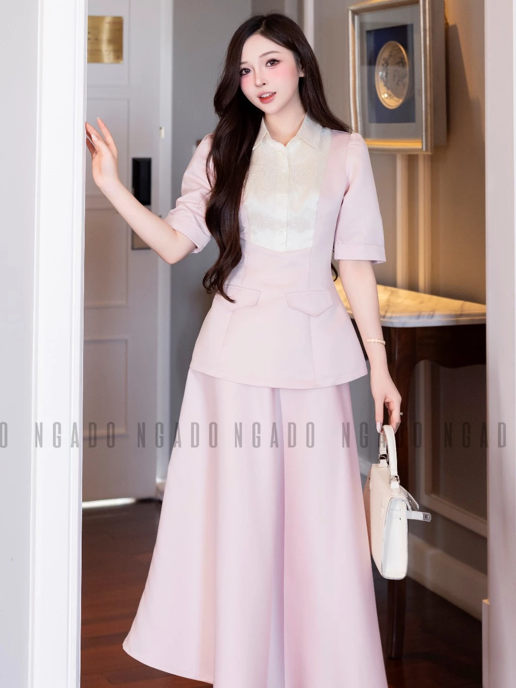 Set áo váy hồng cổ phối trắng NGADO , set áo kèm chân váy xòe , set váy công dở , dự tiệc