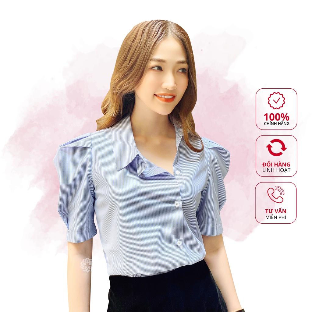 Áo nữ kiểu cổ sơ mi lệch, thời thượng, tay bồng dựng, thoáng mát Peony - ESER TOP