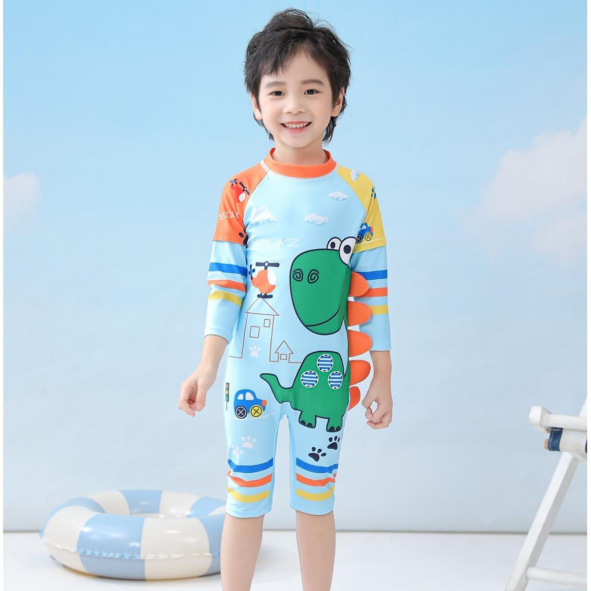 ĐỒ BƠI LIỀN THÂN CHO BÉ HÌNH KHỦNG LONG XANH DƯƠNG KÈM MŨ