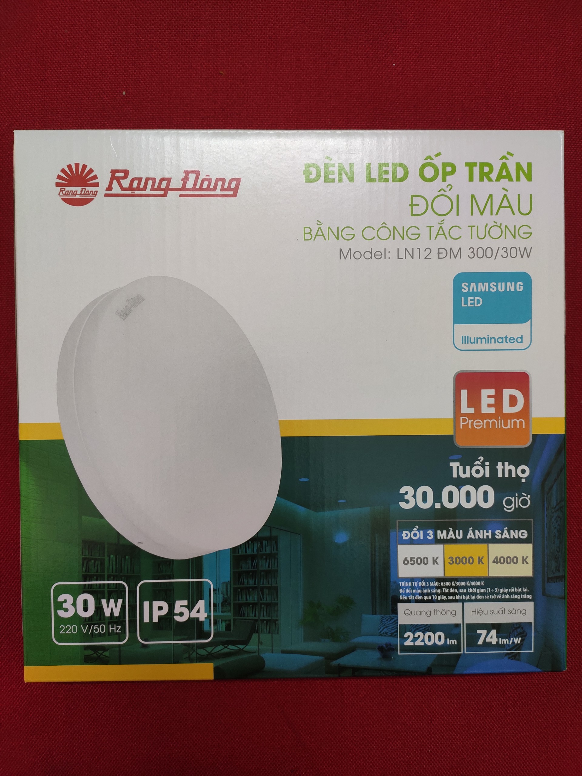 Đèn led ốp trần 30W Rạng Đông, đổi 3 màu ánh sáng, đế hôm