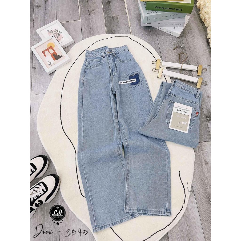Quần jean nữ ống rộng, quần bò màu xanh nhạt kiểu vá vuông có tag siêu cưng lạ mắt Lê Huy Fashion MS 3545