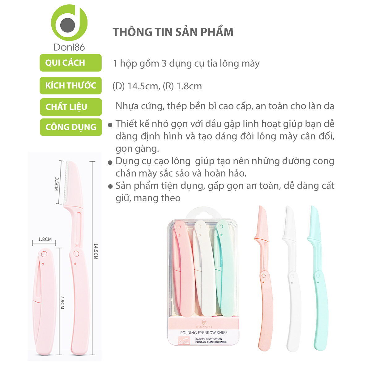 Bộ 3 cây tỉa lông mày, hỗ trợ định hình lông mày, tay cầm nhựa cứng chắc chắn, dễ sử dụng - Doni - DOPK350