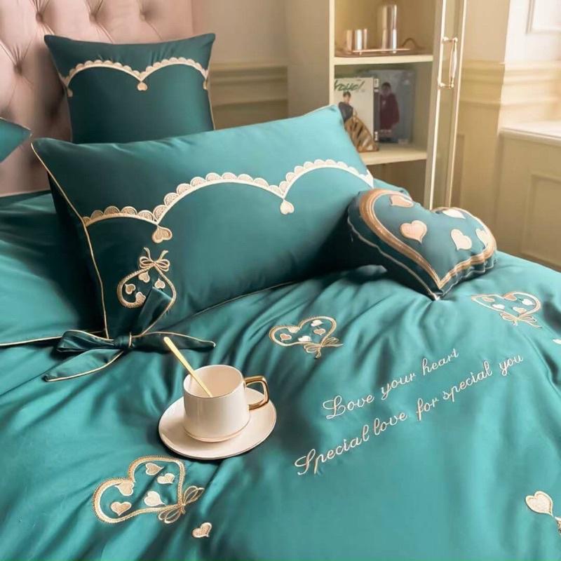 Bộ Chăn Ga Gối lụa 7 món chất liệu thêu ai cập dầy dặn