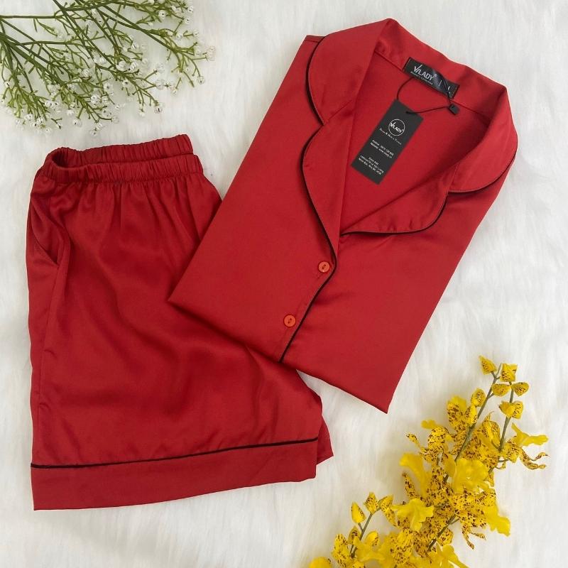 Bộ đồ Pijama lụa, đồ mặc nhà nữ VILADY - B125 kiểu quần đùi tay cộc họa tiết trơn, chất liệu lụa Pháp cao cấp - Màu đỏ đô