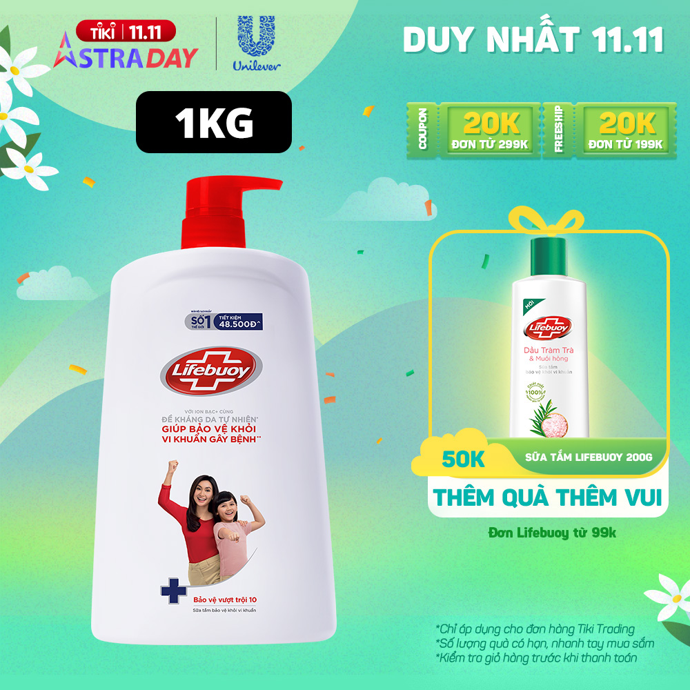 Sữa Tắm Lifebuoy Sạch Khuẩn Bảo Vệ Vượt Trội Mạnh Mẽ Chứa Ion Bạc+ Hỗ Trợ Cùng Đề Kháng Da Tự Nhiên Chai 1000G