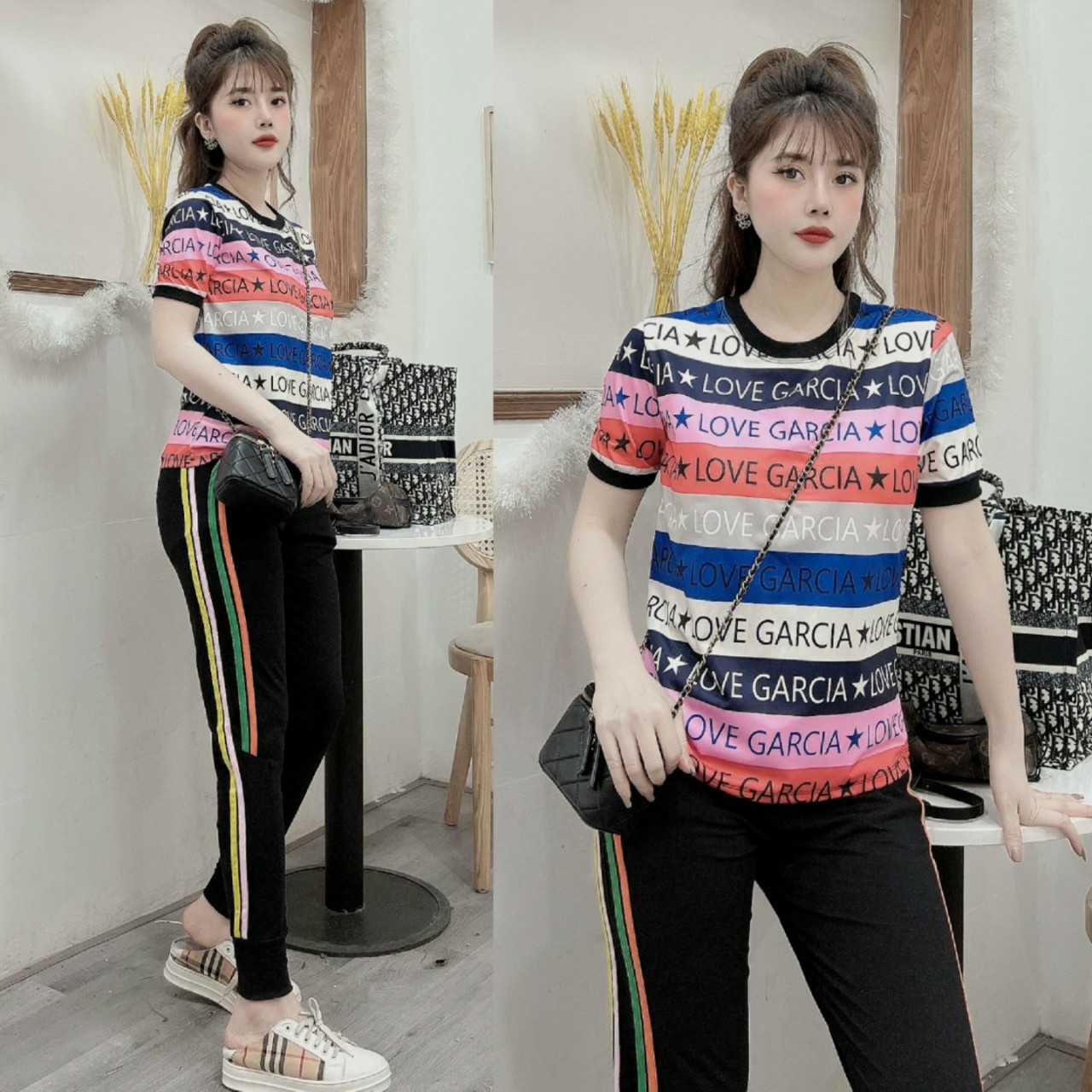 Bộ thun cotton thể thao sọc kẻ phối chữ