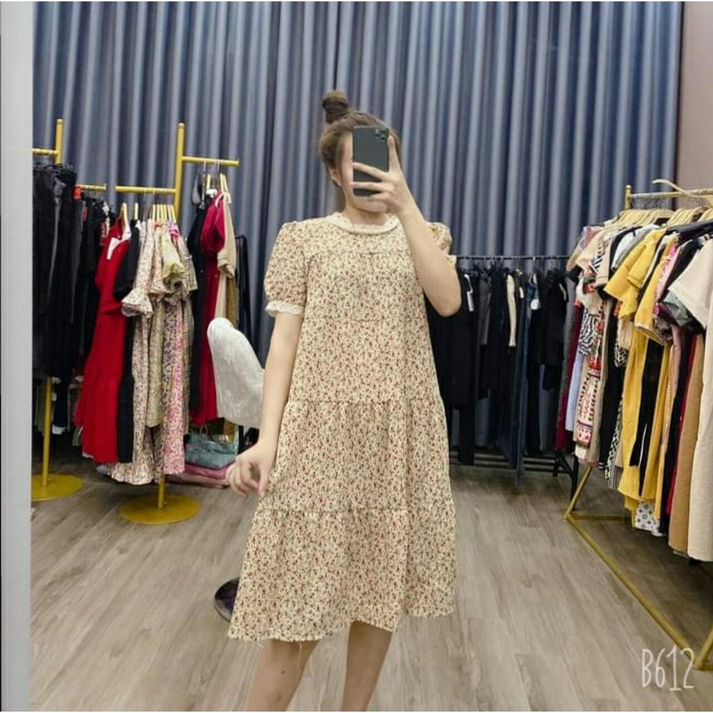 Váy bầu hoa nhí - đầm bầu đẹp chất thô hoa cổ tim tay cộc freesize dưới 65kg