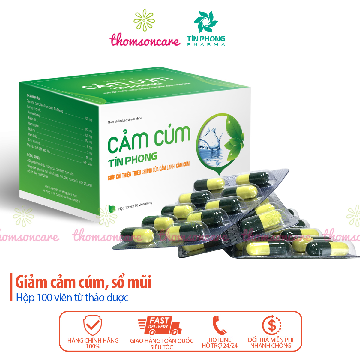 Cảm cúm Tín Phong - Hộp 100 viên - Cải thiện triệu chứng cảm lạnh, hắt hơi, sổ mũi, nhức đầu từ thảo dược