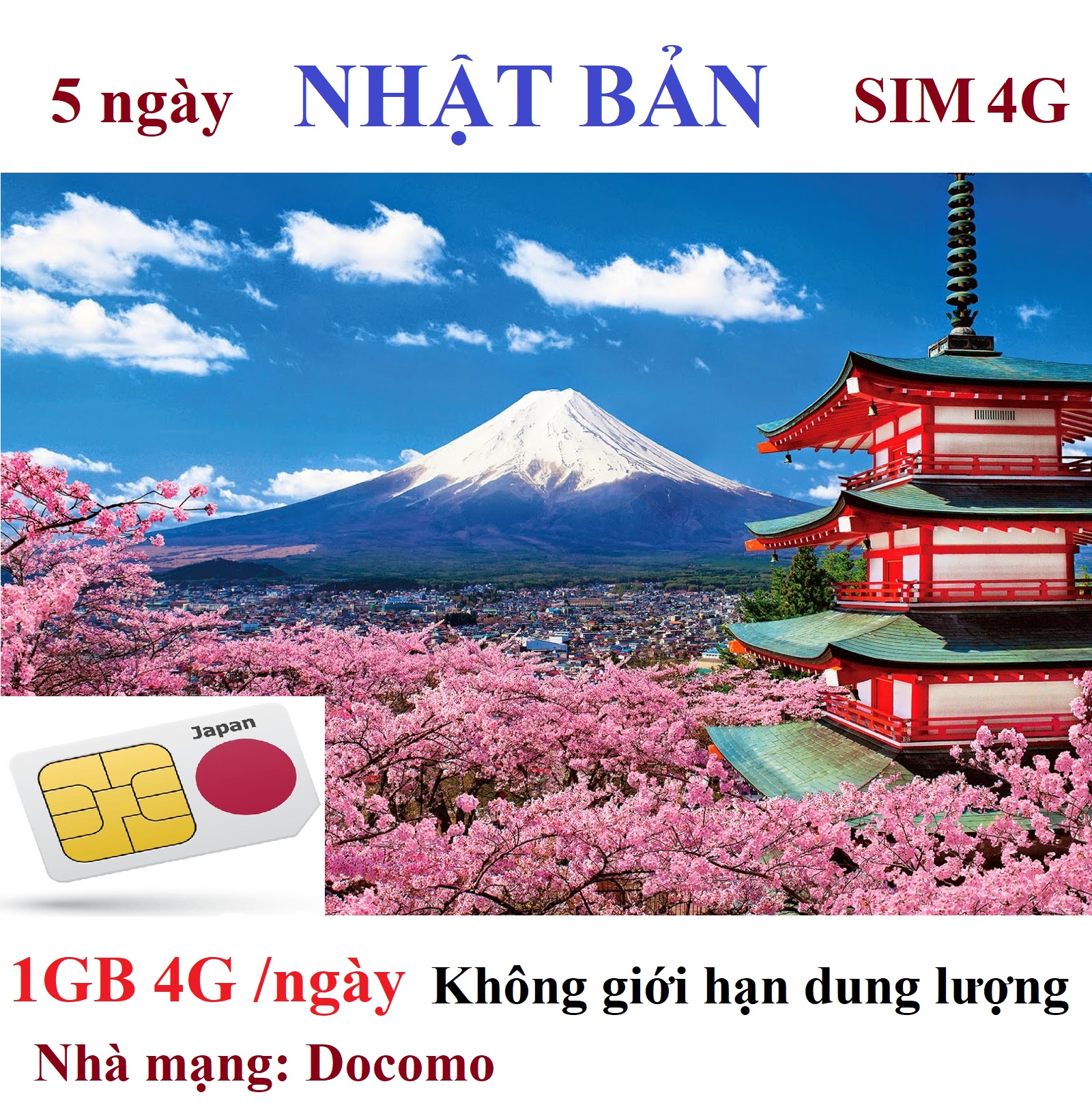 Sim Nhật Bản 5 ngày 1GB 4G không giới hạn dung lượng