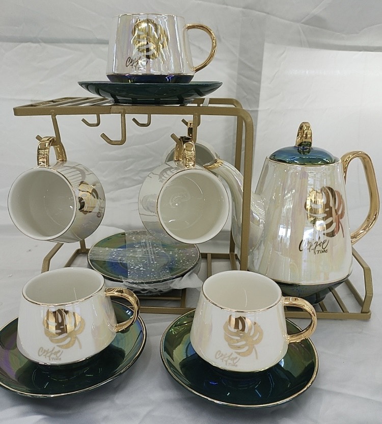 BỘ ẤM CHÉN PHA TRÀ CÓ GIÁ TREO CỐC KIM LOẠI, ĐIA KÊ TÁCH - VD55