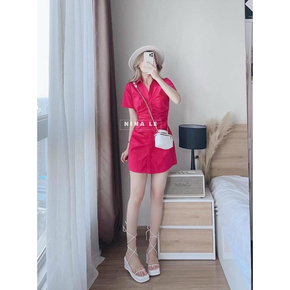 FREESHIP Đầm Cổ Sơ mi Nhún Cài Nút Thật Chất lụa mềm Cao Cấp thiết kế gợi cảm quyến rũ KDS