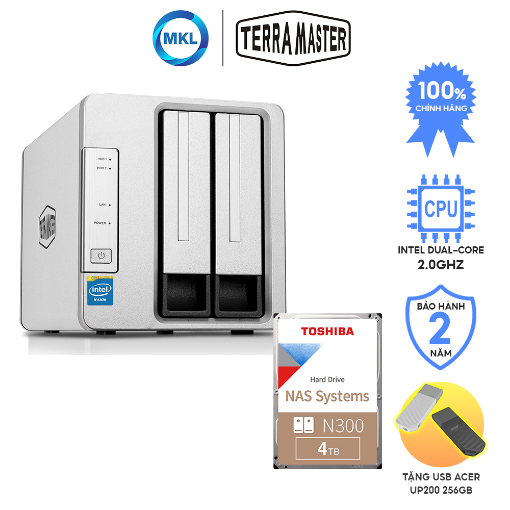 Combo ổ cứng mạng Nas Terra Master F2-221 2 khay + ổ cứng HDD Nas Toshiba N300 4TB - hàng chính hãng