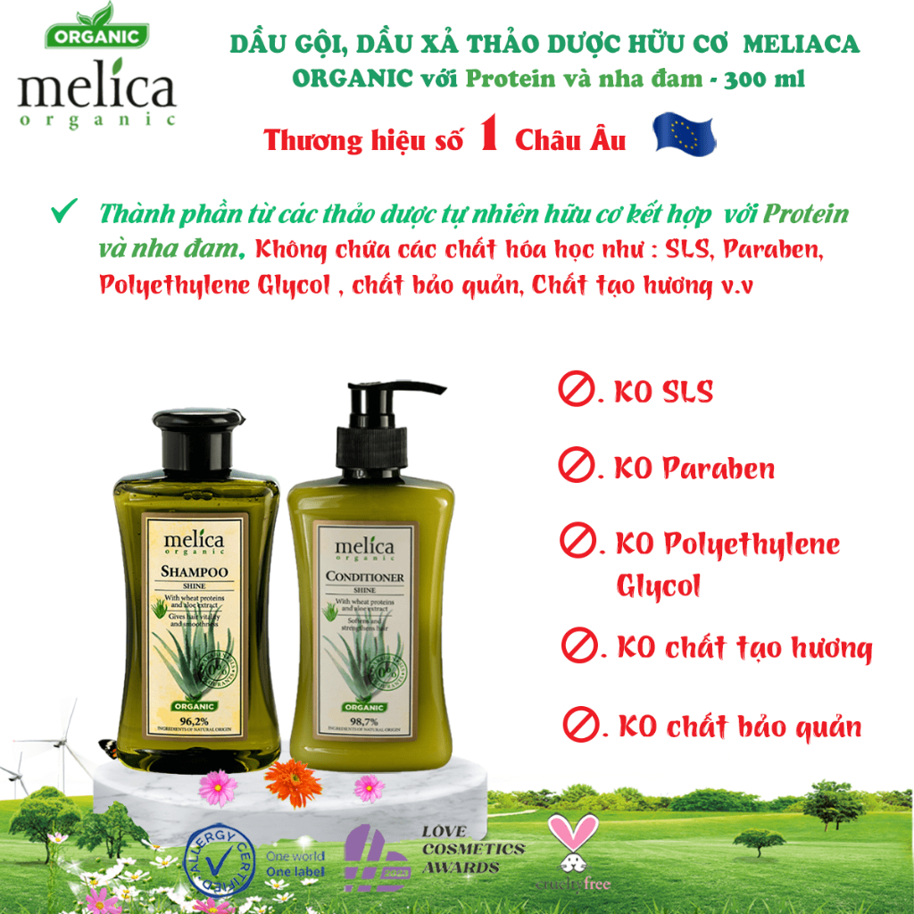 Dầu xả thảo dược hữu cơ da đầu nhạy cảm, tóc suôn mượt, mềm mại Melica Organic 300ml nha đam &amp; protein thủy phân