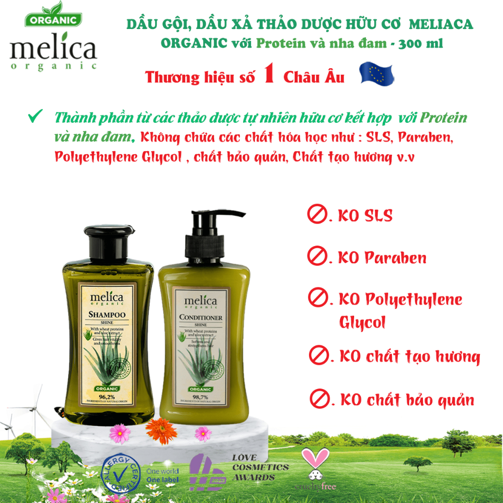 Bộ chăm sóc tóc mềm mượt, phục hồi hư tổn thảo dược hữu cơ Melica Organic dầu gội xả nha đam &amp; protein thực vật thủy phân và serum dưỡng tóc