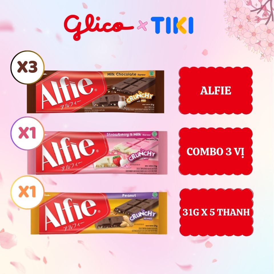 Combo 5 thanh cocola Glico Alfie Mix vị (3 Chocolate -1 Strawberry -1 Peanut)