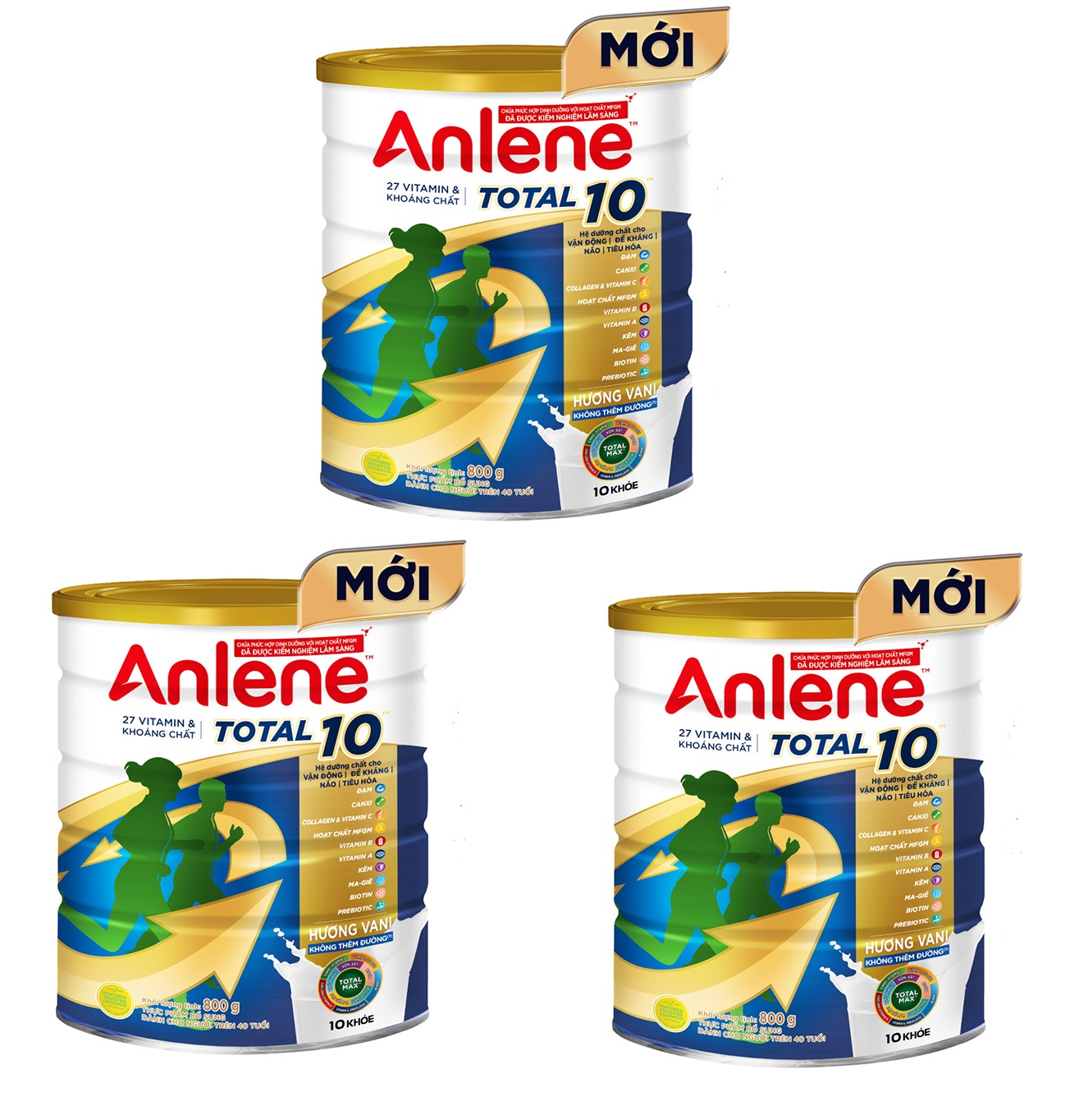 Combo 3 lon Sữa bột Anlene 10X - lon 800g - Hệ dưỡng chất cho vận động, Đề kháng, Não, Tiêu hoá