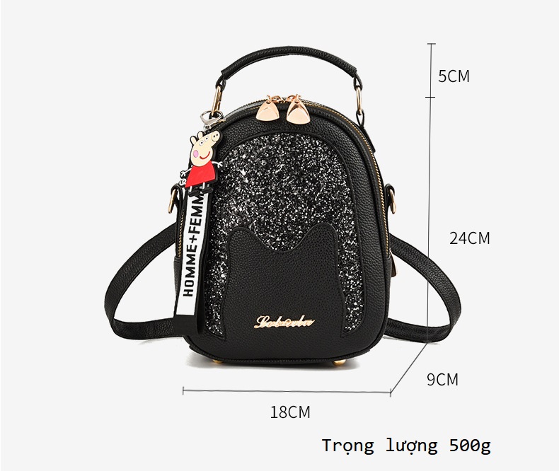Balo Mini Da Nữ Tai Mèo Cute, Đeo 2 Kiểu, Tặng Móc Khóa