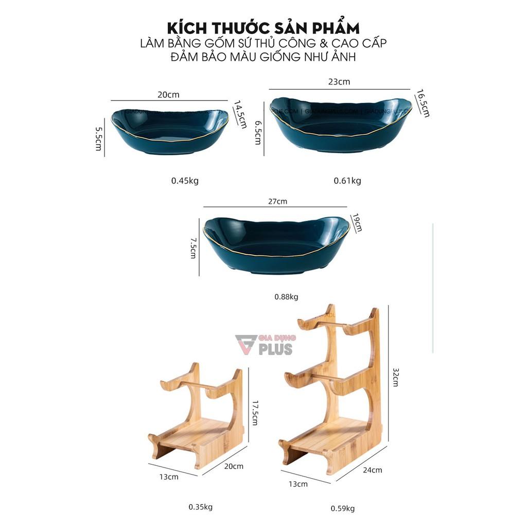 Đĩa Trái Cây Gốm Sứ Nhiều Tầng Kèm Kệ Gỗ Sang Trọng | Màu Xanh Ngọc Lục Bảo & Màu Trắng | Phong Cách Bắc Âu