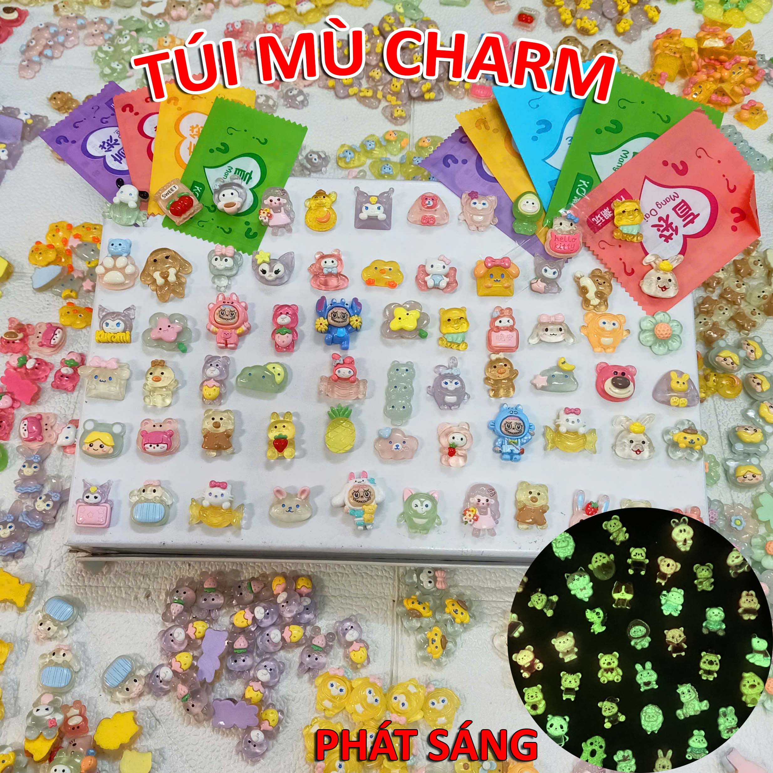 [Hàng sẵn HCM] 100 Túi Mù Charm Phát Sáng Labubu Capybara Gấu Dâu Kuromi Melody Kitty Đồ chơi Cho Bé