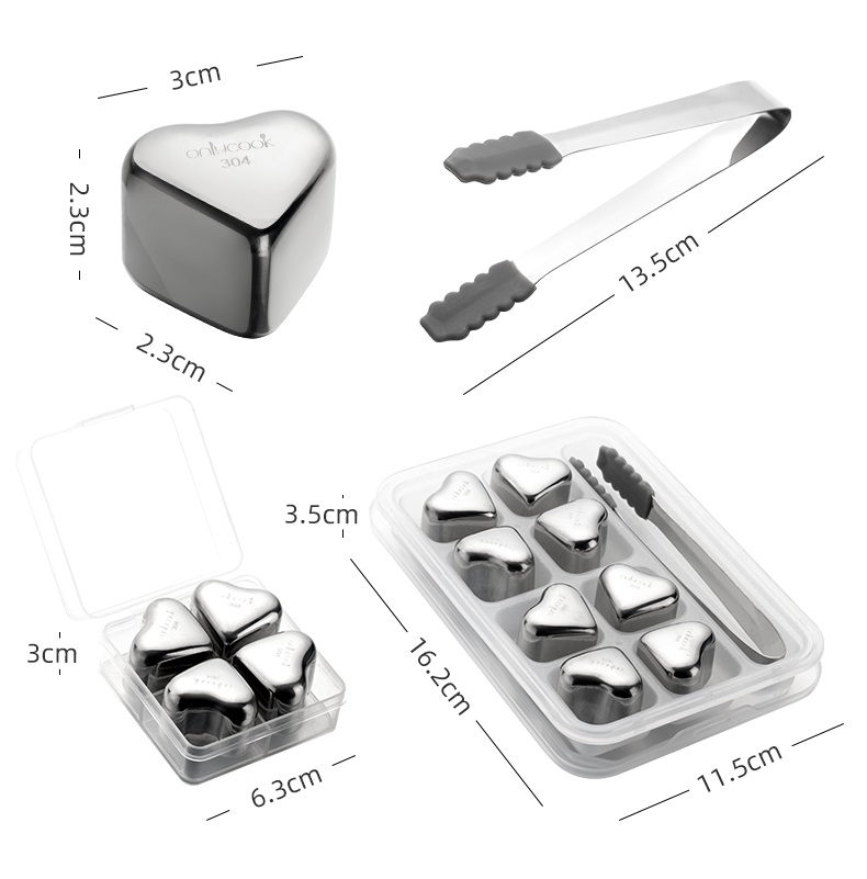 Đá Lạnh Không Tan 8 Viên Inox 304 - Hộp:16.2x3.5cm, Đá:2.3x3cm, Cây Gắp:13.5cm