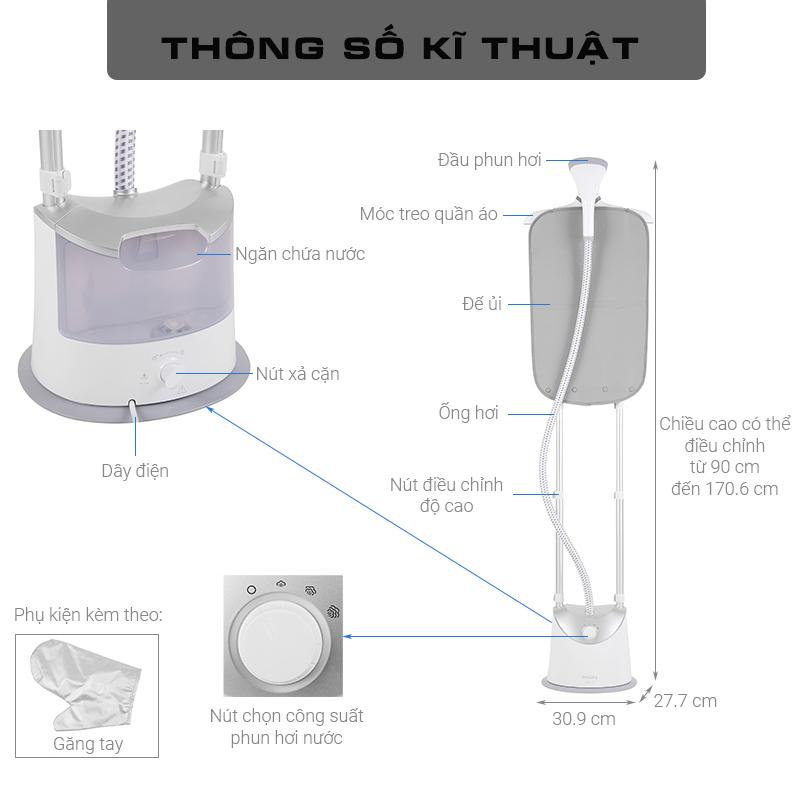 Bàn Ủi Hơi Nước Đứng PHILIPS GC487, 1800W - 1.4Lit, Phun Hơi Liên Tục, Hàng Chính Hãng