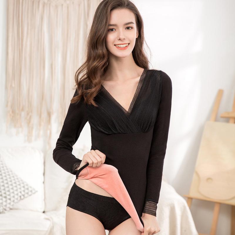 Dày Dặn Ấm Nữ Nhiệt Áo Cổ Chữ V Gợi Cảm Mùa Đông Nhung Quần Lót Nữ Undershirts Thứ Hai Da Tay Dài Nhiệt Quần Áo