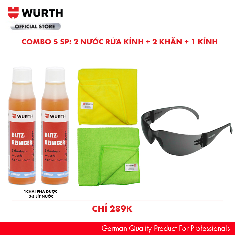 Combo Wurth 2 Nước Rửa Kính Tiện Dụng 2 Khăn Và 1 Kính Bảo Hộ Màu Đen Siêu Tiết Kiệm