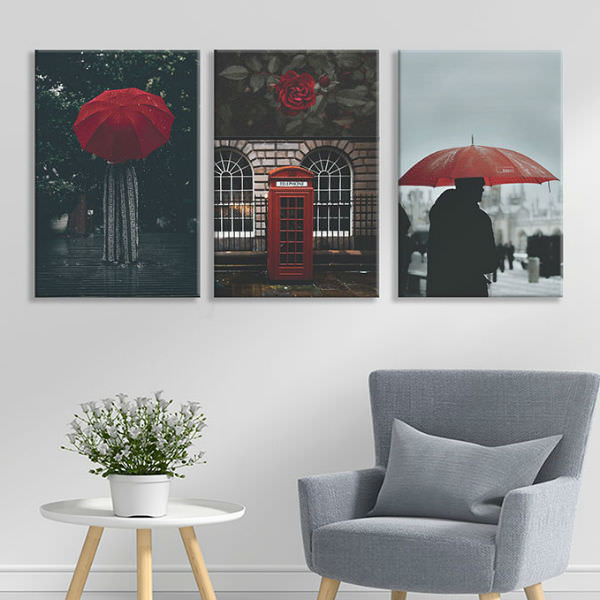 Bộ 3 Tranh Ép Gỗ MDF Treo Tường Quán Cafe "Red Umbrella" W172
