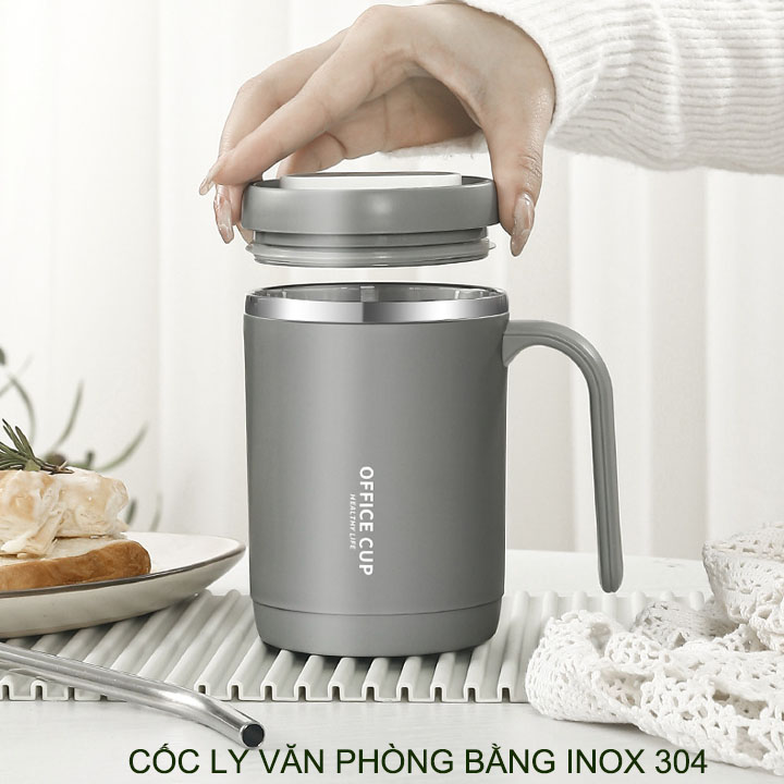 Cốc ly văn phòng dùng uống trà, cà phê, loại 2 lớp trong inox 304 ngoài nhựa PP, dung tích lớn 500ml kèm ống hút