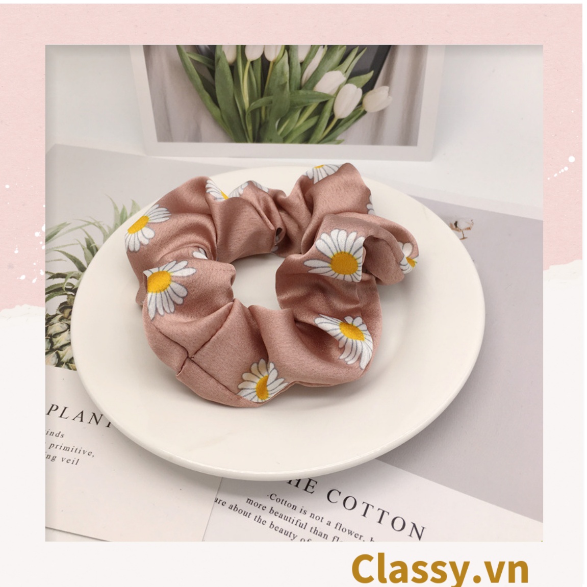 Phụ kiện tóc scrunchies - Dây buộc tóc co giãn hình hoa cúc vải phi bóng, thời trang hàn quốc cho nữ PK304