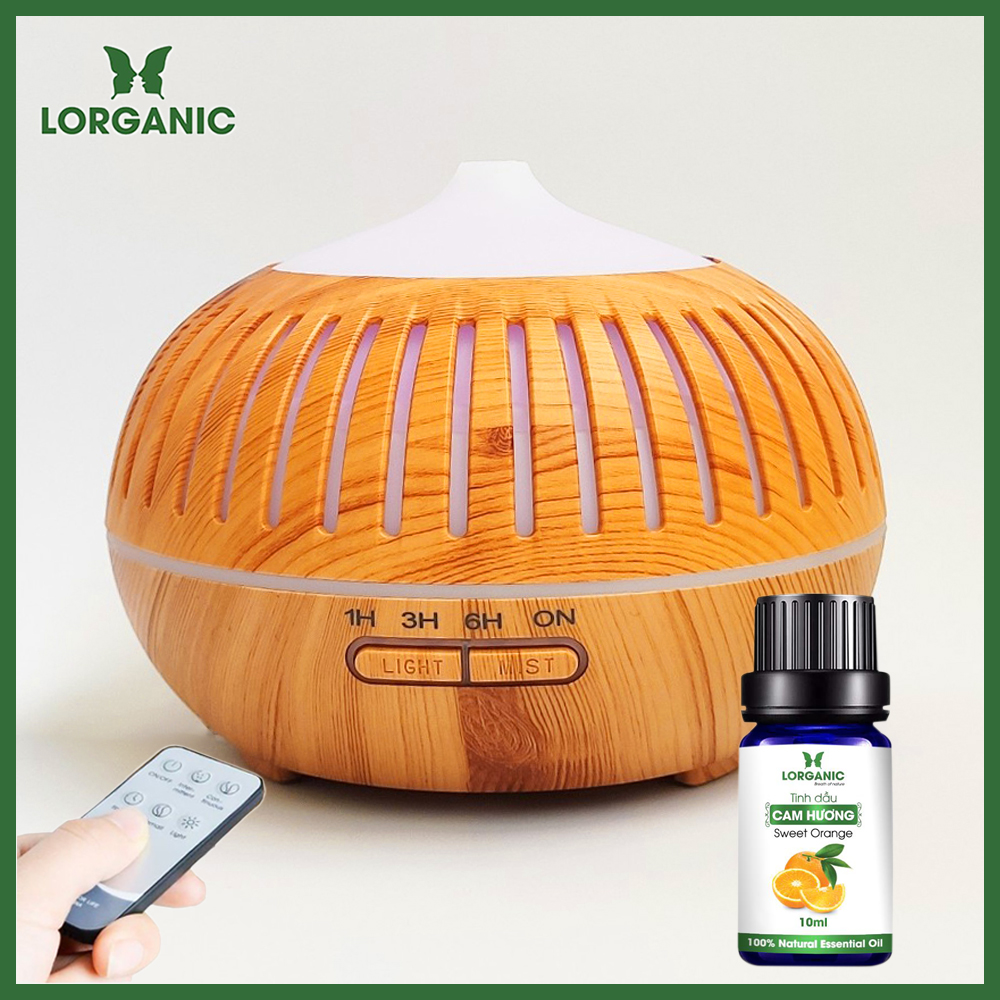 Combo máy khuếch tán/ máy xông tinh dầu Lorganic hình Bí Sọc FX2068 + tinh dầu cam hương Lorganic (10ml) - Có remote điều khiển/ Phun sương sóng siêu âm