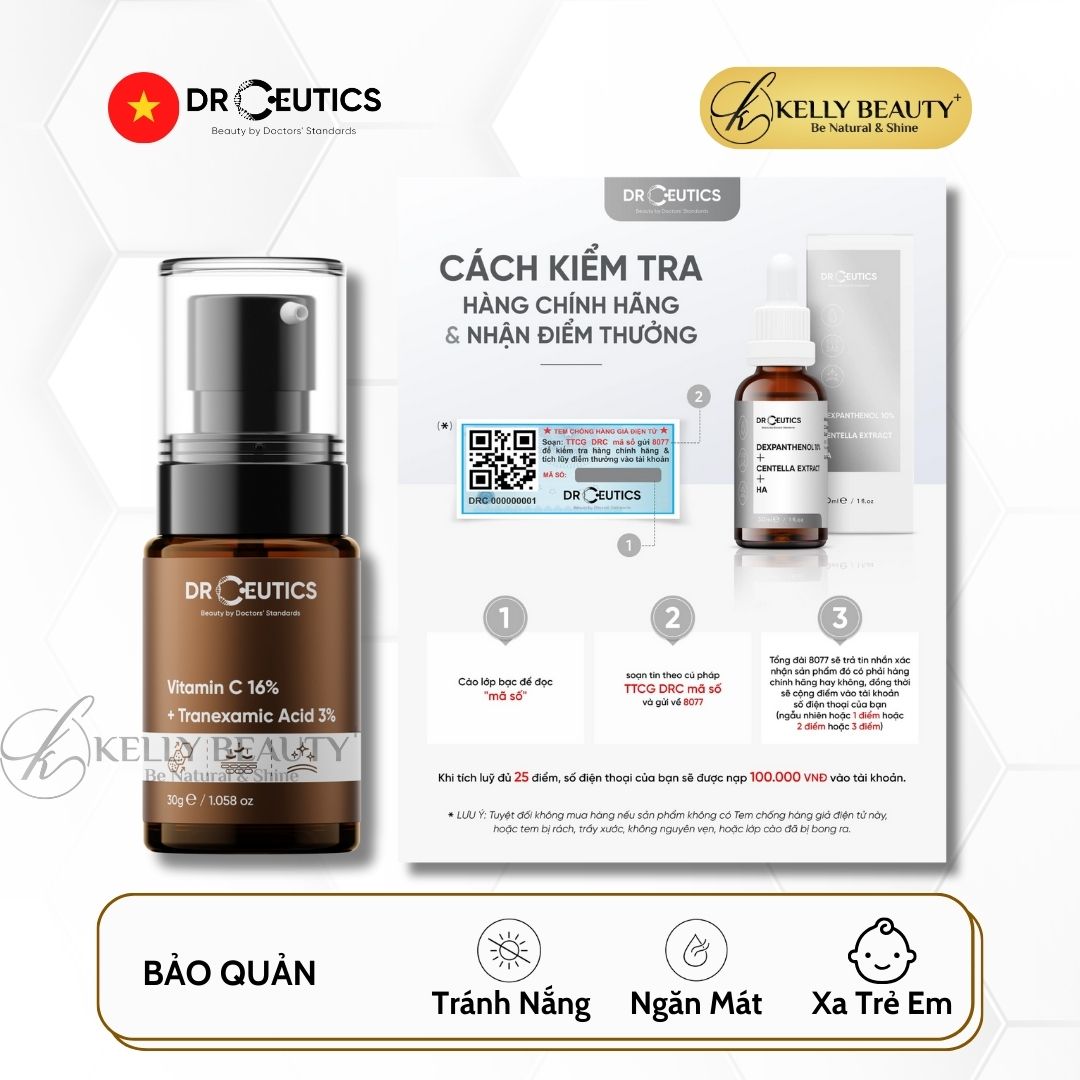 DrCeutics Vitamin C 16% + Tranexamic 3% - Tinh Chất Chống Lão Hóa, Sáng Da, Mờ Thâm Nám | Kelly Beauty