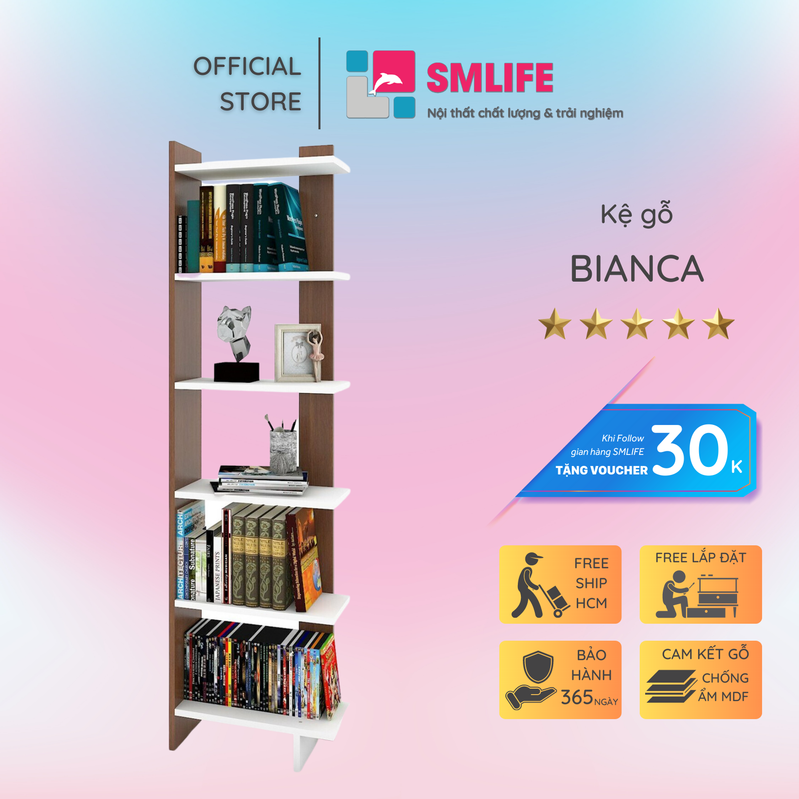 Giá sách gỗ công nghiệp nhỏ gọn đẹp SMLIFE Bianca