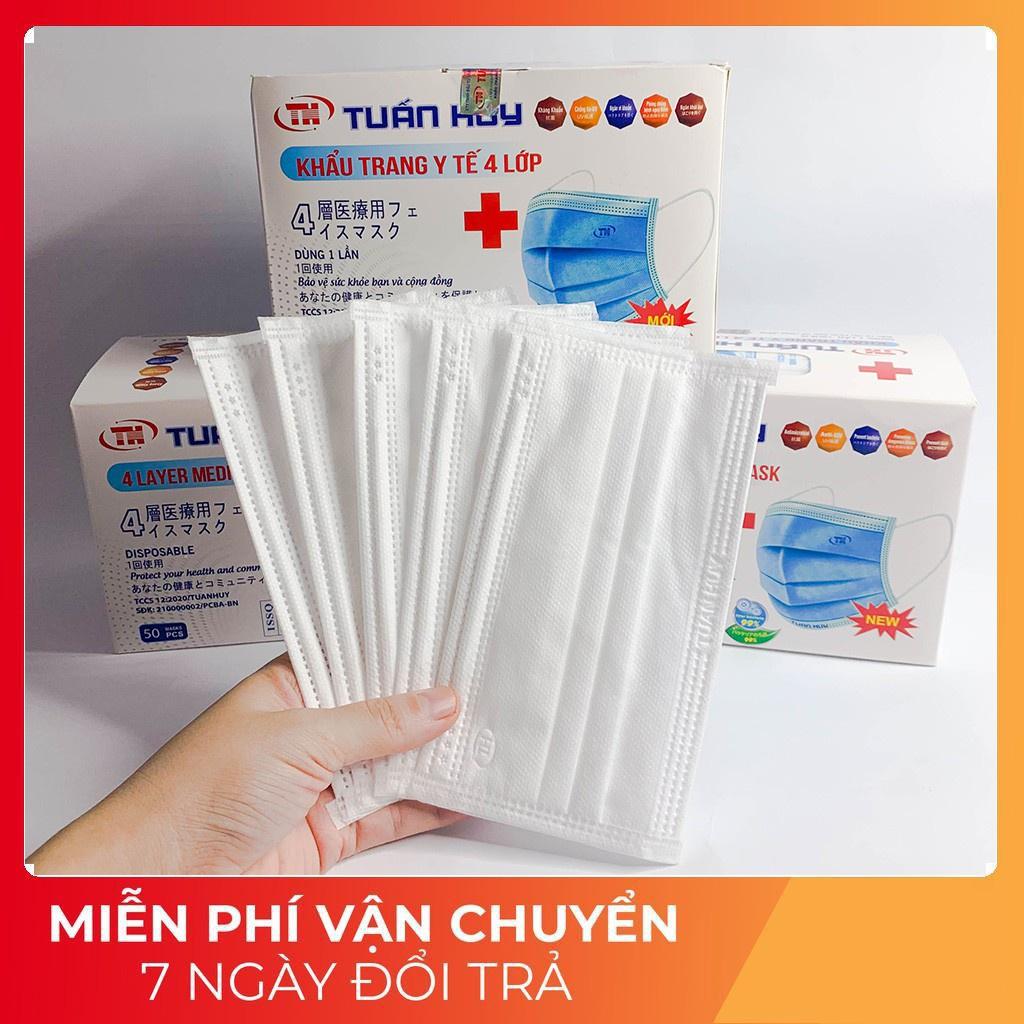 Khẩu trang y tế, Khẩu trang TUẤN HUY 4 lớp màu Trắng, hộp 50 chiếc , hàng chính hãng.