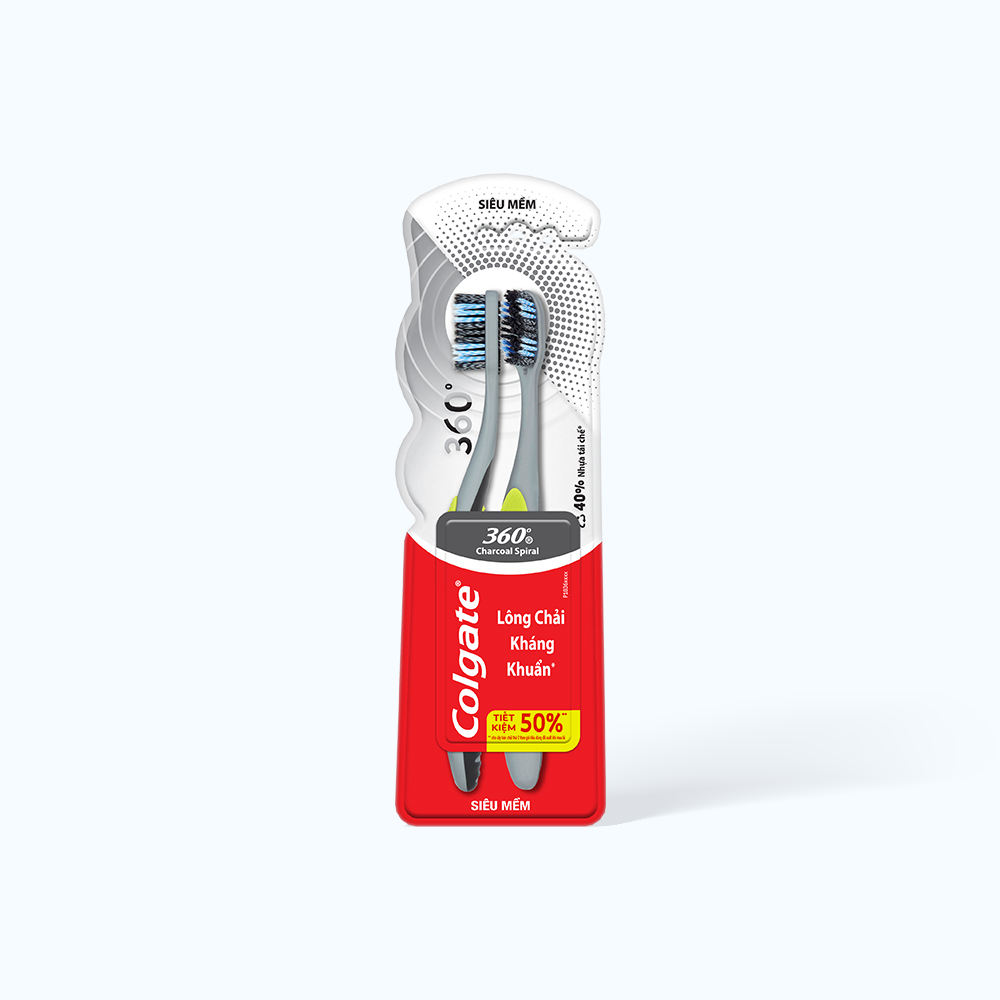 Bộ Đôi Bàn Chải Đánh Răng COLGATE 360 Charcoal Spiral Lông Chải Siêu Mềm Xoắn Kép Phủ Than