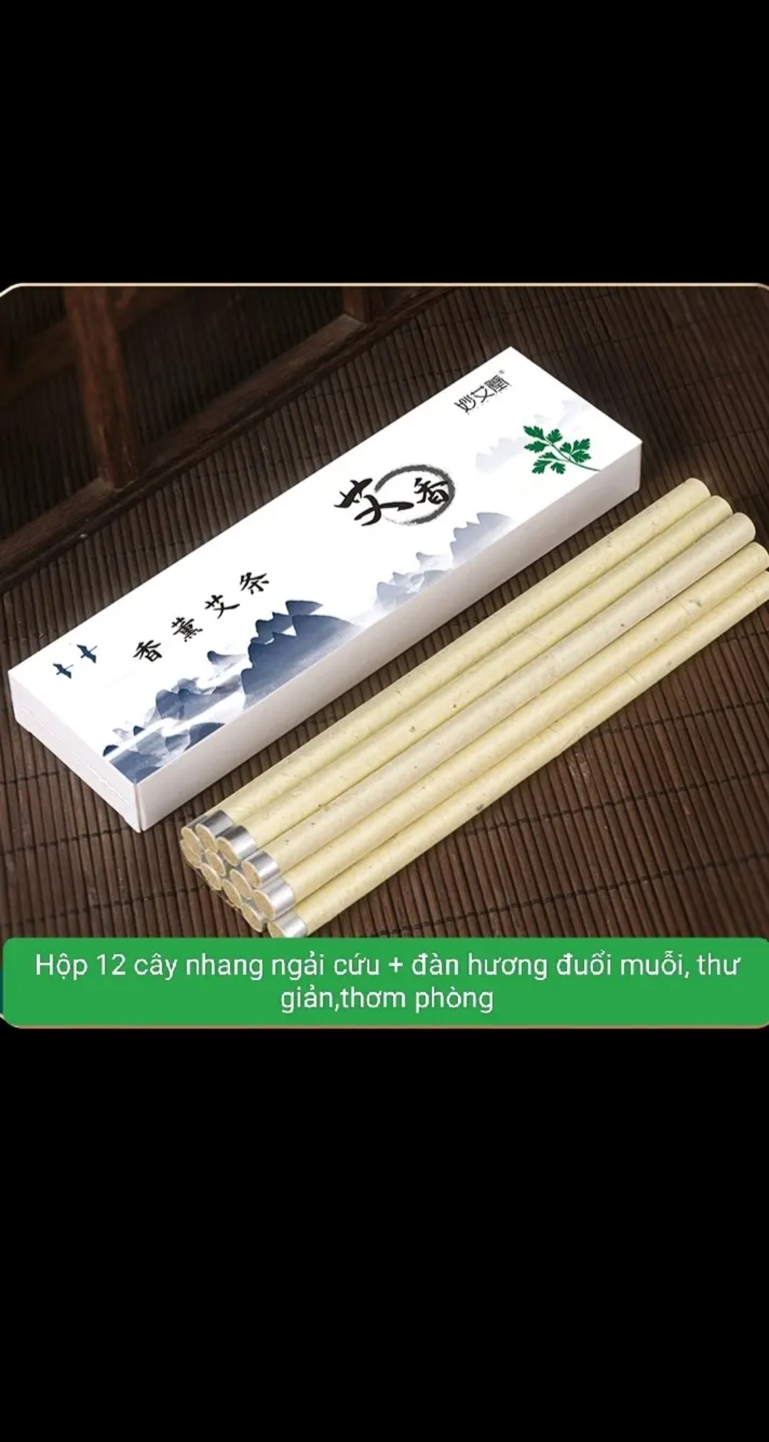 Hộp 12 cây . nhang ngải cứu + bột đàn hương đuổi muỗi, xông phòng, giảm stress thư giãn
