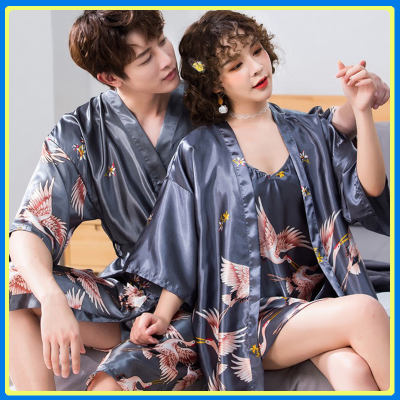 Combo váy ngủ lụa kèm áo choàng chim hạt Q133 - Sét choàng ngủ 2 món, Áo + Váy chất lụa satin cao cấp