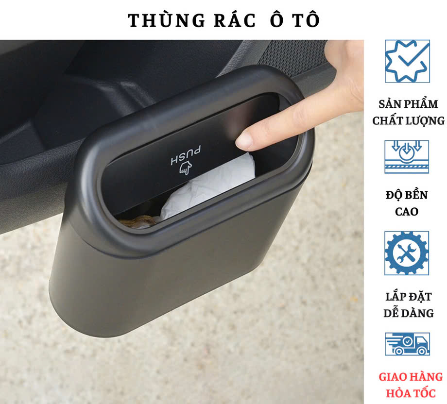 Thùng rác mini có nắp, hộp đựng rác có chốt cài treo thành cửa treo lưng ghế ô tô, xe hơi