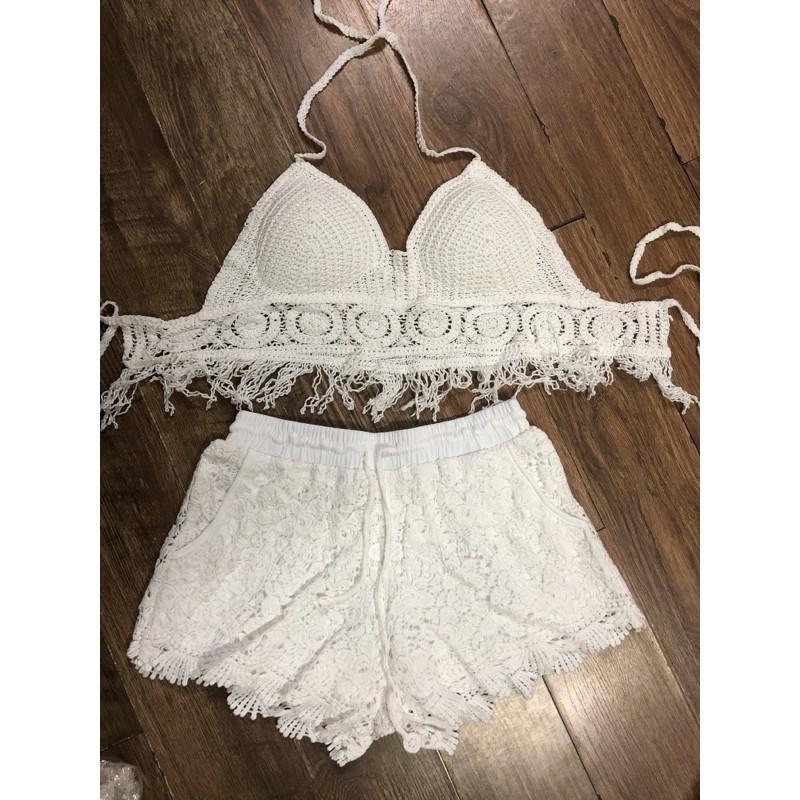 08-Set ren đi biển áo bra móc tua rua quần ren
