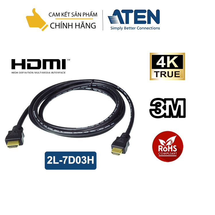 Dây cáp HDMI 3m Cao cấp True 4K Aten 2L-7D03H 3 mét, HDMI 2.2, 3D, Ethernet, 2 đầu mạ vàng, chất liệu đồng cao cấp có vỏ bọc chống nhiễu, vỏ PVC chống cháy UL VW-1, 30AWG, tiêu chuẩn EU RoHS – Hàng Chính hãng