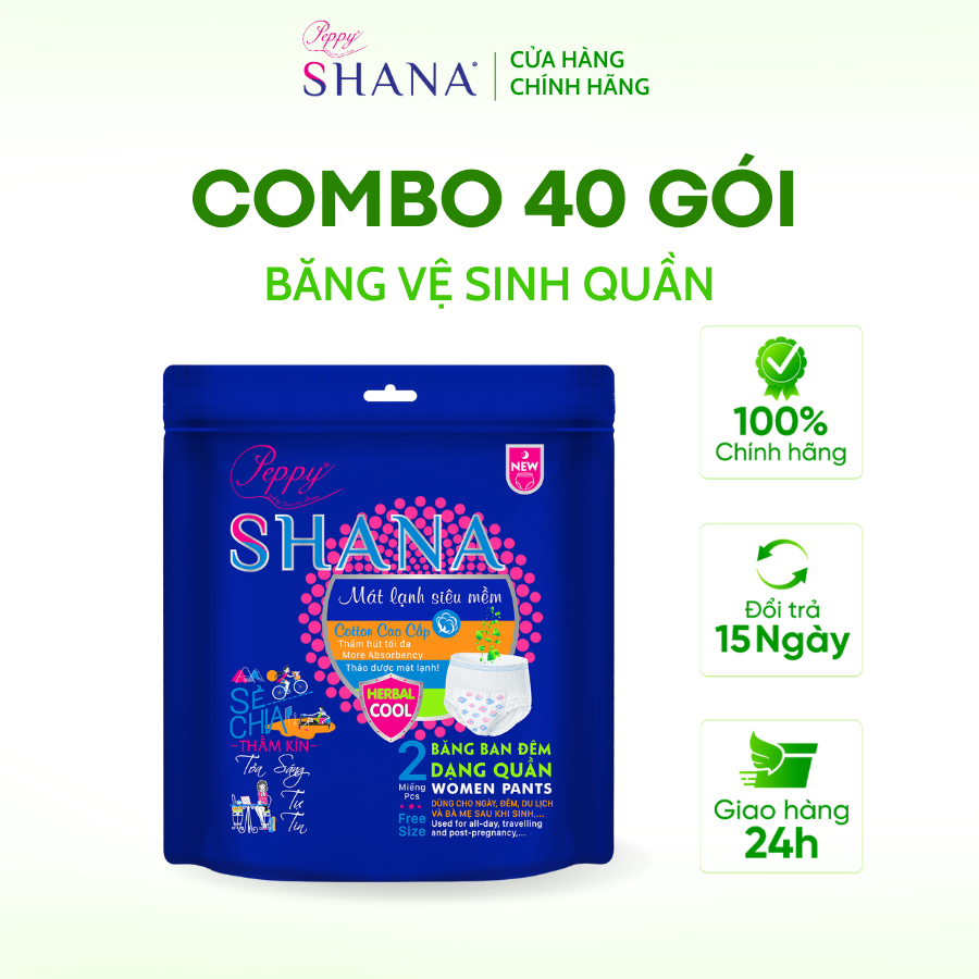 Combo 40 gói Băng Vệ Sinh Quần Peppy Shana Ngày Đêm Siêu Thấm, Freesize, Chống Tràn Tối Đa, Tiết Kiệm (80 miếng)