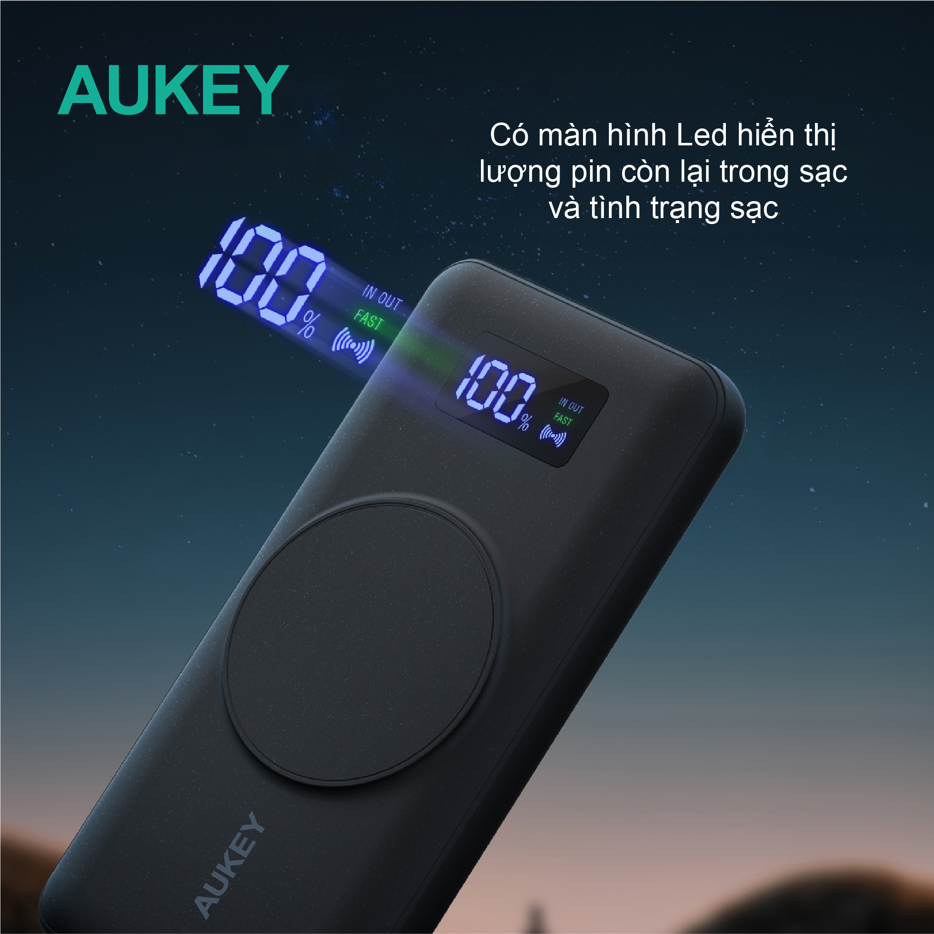 Pin sạc dự phòng kiêm sạc không dây Aukey 10000mAh 15W, hàng chính hãng