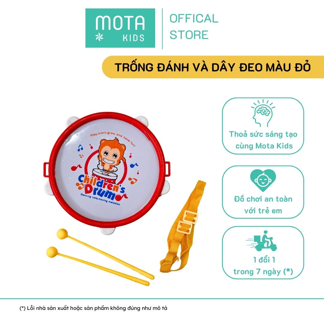 [M368-6DO - Mota Montessori] Đồ chơi cho bé Trống đánh và dây đeo màu đỏ - Hàng chính hãng