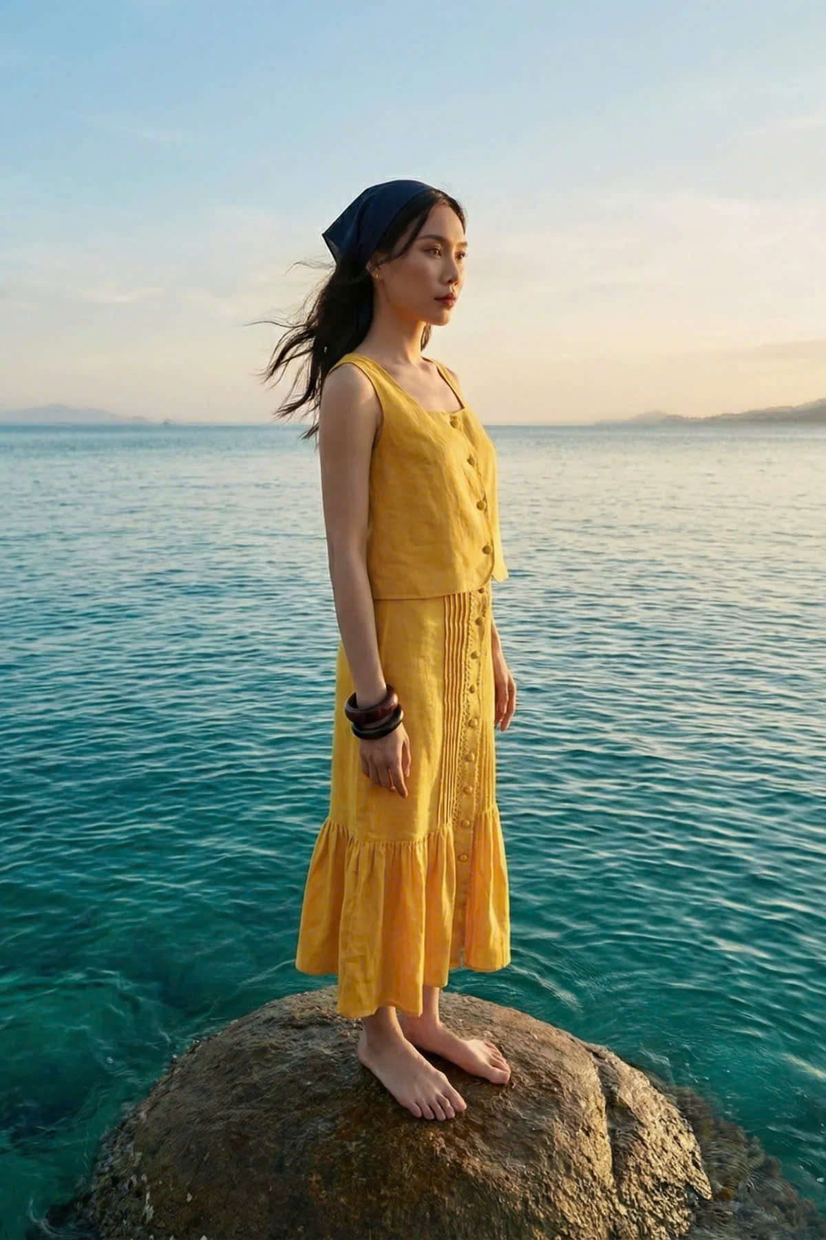 Váy Midi Lưng Thun Linen Vàng Tràng An SKI052 thời trang thiết kế Hity