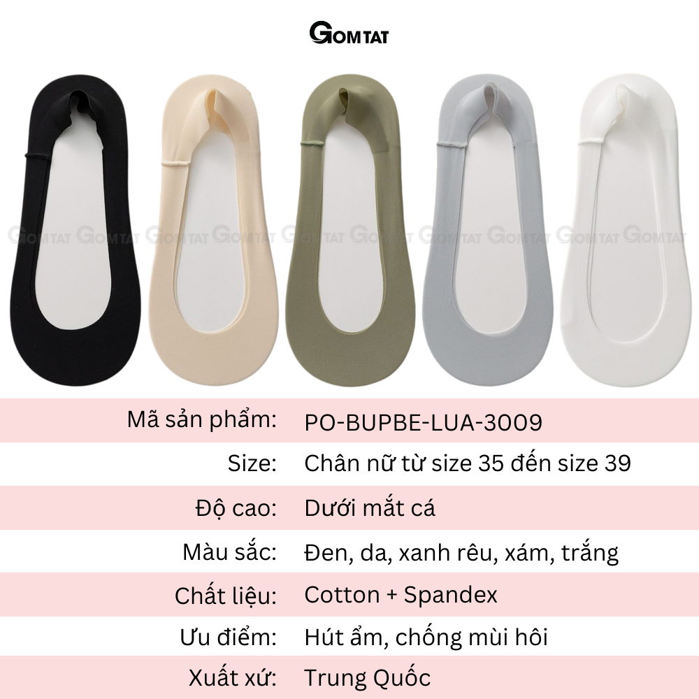Tất nữ búp bê cao cấp có đệm cao su chống tuột gót, vớ nữ mang giày lười mềm mại thoáng mát - PO-BUPBE-LUA-3009-1DOI