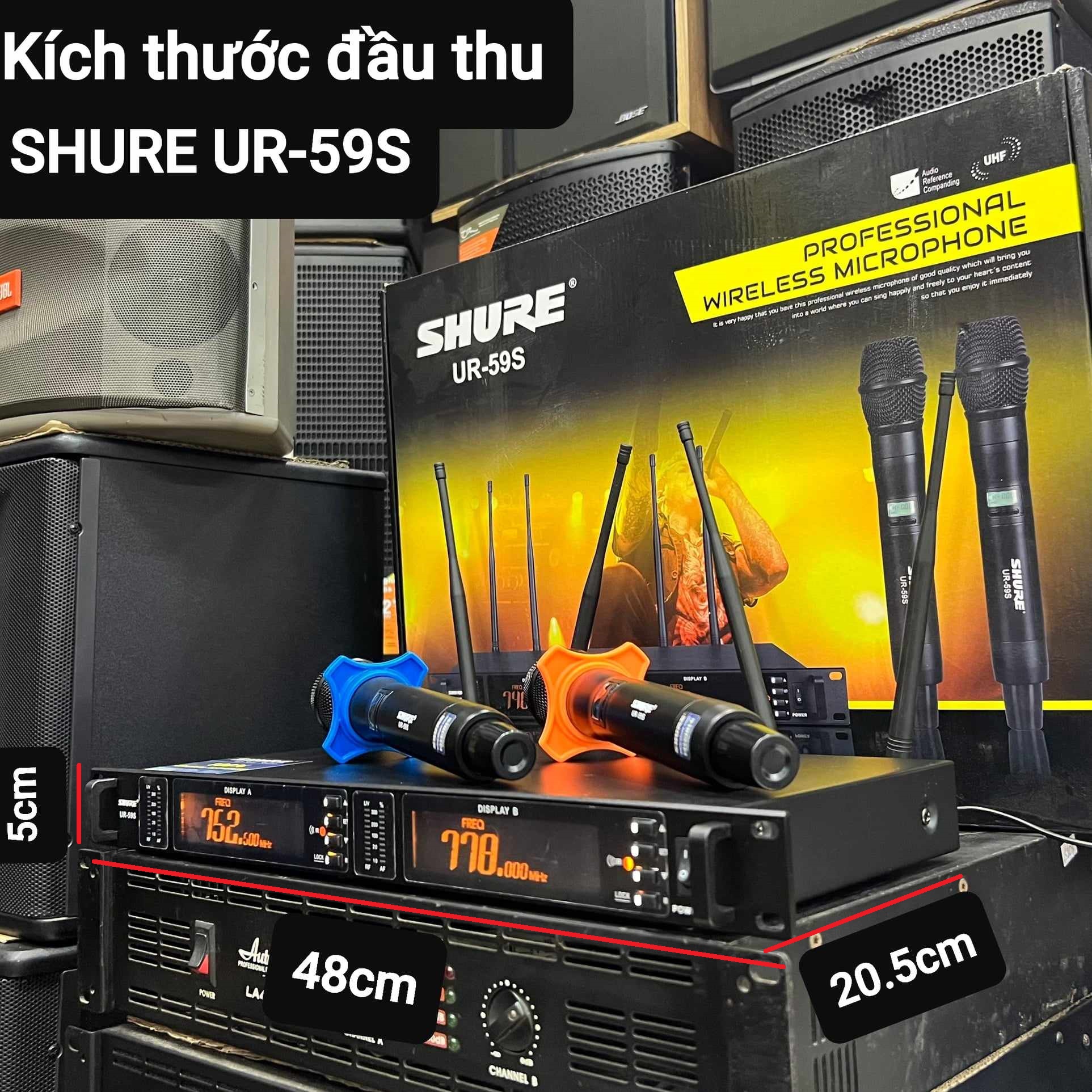 Bộ Micro không dây SHURE UR-59S: Bắt sóng cực xa 150m, Độ nhạy cao,thu âm tốt,sáng tiếng. Chống hú/rít. Cảm biến tự ngắt