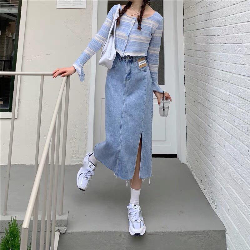 Chân Váy Cạp Cao Dài Qua Gối Xẻ Nổi Bật Phong Cách Ulzzang A11