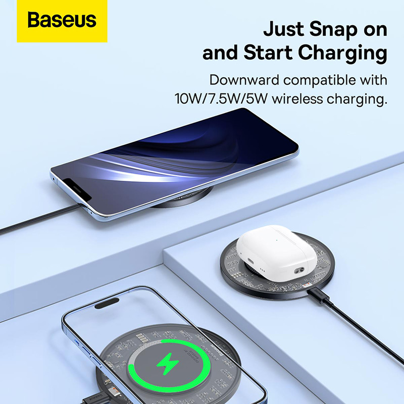 Đế Sạc Không Dây Baseus Simple 2 Wireless Charger 15W (Kèm cáp C to C 24W 1m) (Hàng chính hãng)